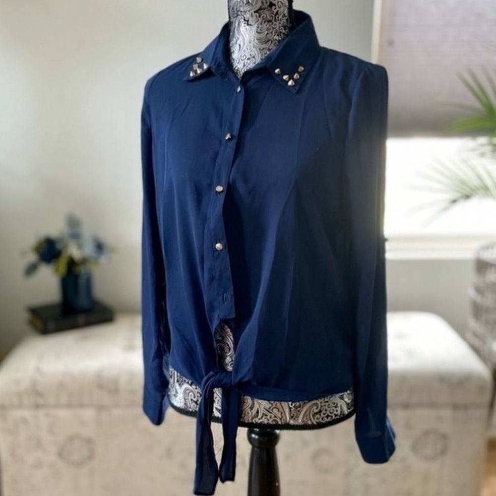 Navy Chiffon Studded Spike Collar Sheer Tie Front Crop Shirt Blouse